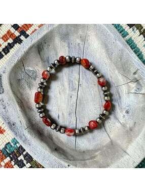 6.5" Orange Spiny Bracelet w/ 5mm Pearls & 6mm Navajo Style Sterling Saucers